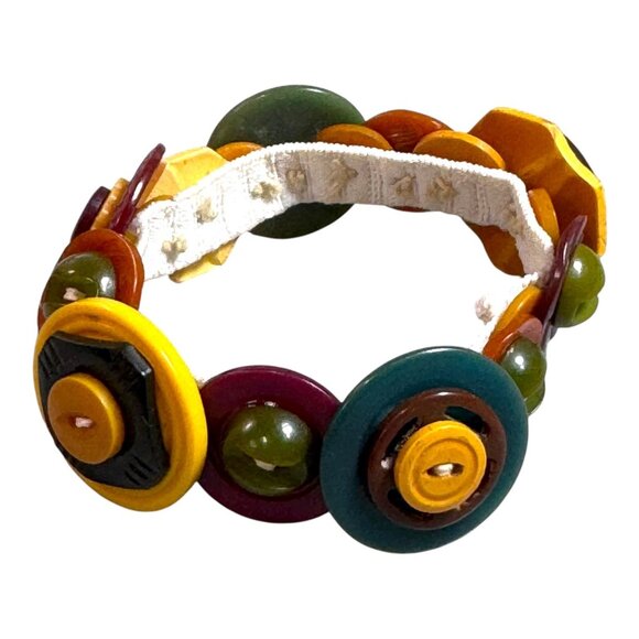 Vintage Bakelite Button Bracelet Flower Green Yellow Orange Multi Layer Handmade - Picture 1 of 6